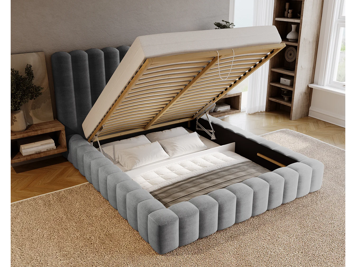 Emporius Lit double 180 x 200 Elise - Lit capitonné avec cadre, Rangement, Gris clair (Ikoo 19)