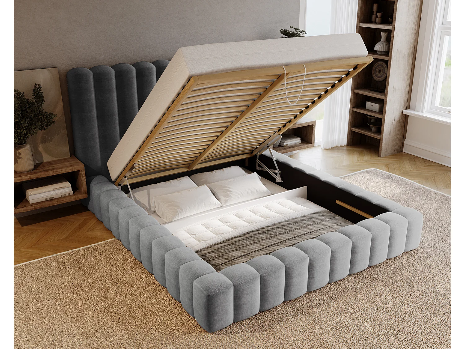 Emporius Gestoffeerd bed 180x200 cm Elise - bed 180 x 200 met opbergruimte, fluwelen Lichtgrijs (Ikoo 19)