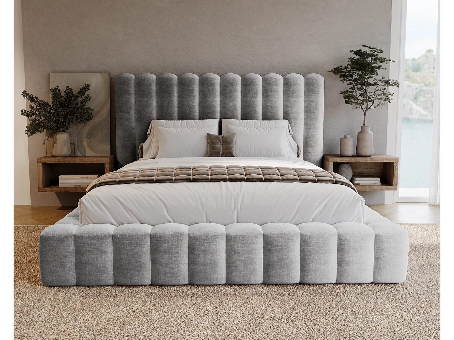 Emporius Polsterbett 160x200 Pearl, Doppelbett, Bettkasten, Lattenrost - Velvet Grau (Amor Velvet 4318)