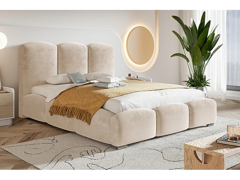 Emporius Lit 180x200 Roma, lit rembourrée avec Rangement, tête de lit, lit Beige 180 x 200 cm (Amor Velvet 4304)