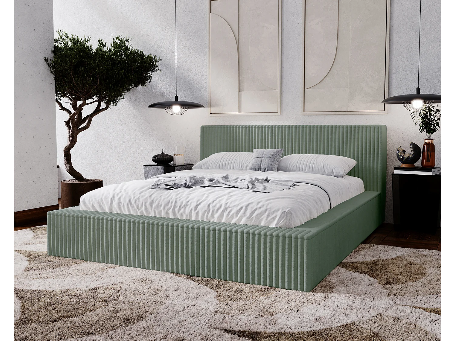 Emporius Doppelbett 140 x 200 Buffy - Polsterbett mit Dicker Schaum - Schlafzimmer, Bett 140x200 Olive (Vito 77)