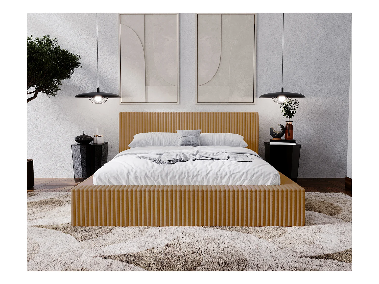 Emporius Lit avec cadre 160 x 200 Buffy - Lit capitonné avec Rangement, Tissu de fourrure, Orange (Vito 44)