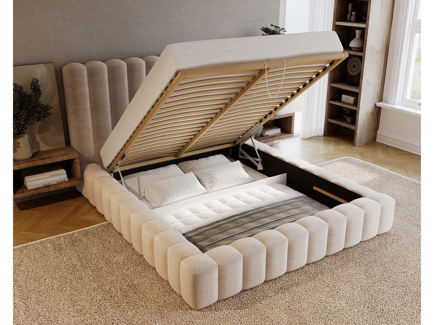 Emporius Lit double 140 x 200 Elise - Lit capitonné avec cadre, Rangement, Beige (Ikoo 1)