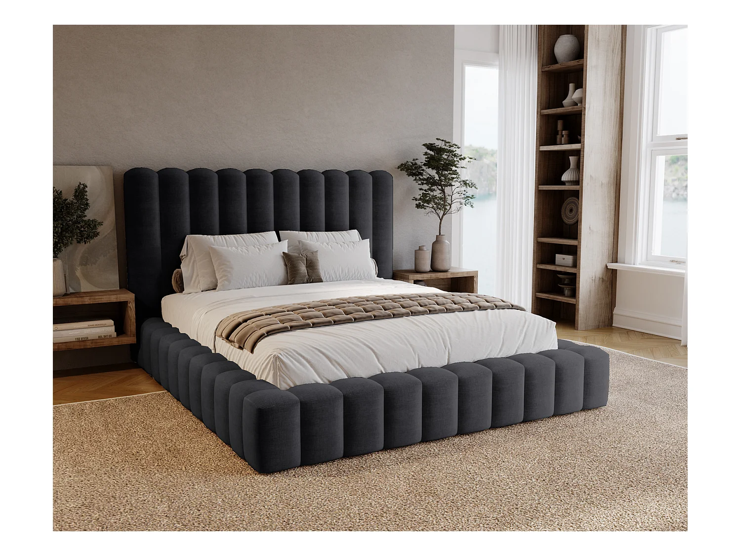Emporius Lit double 180 x 200 Elise - Lit capitonné avec cadre, Rangement, Noir (Ikoo 22)