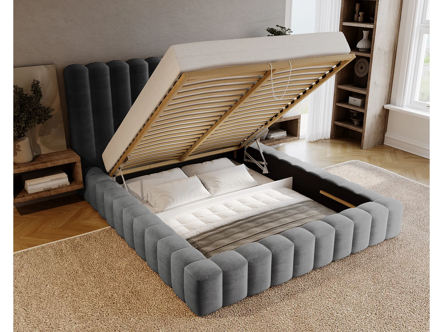 Emporius Lit double 180 x 200 Elise - Lit capitonné avec cadre, Rangement, Gris (Ikoo 20)