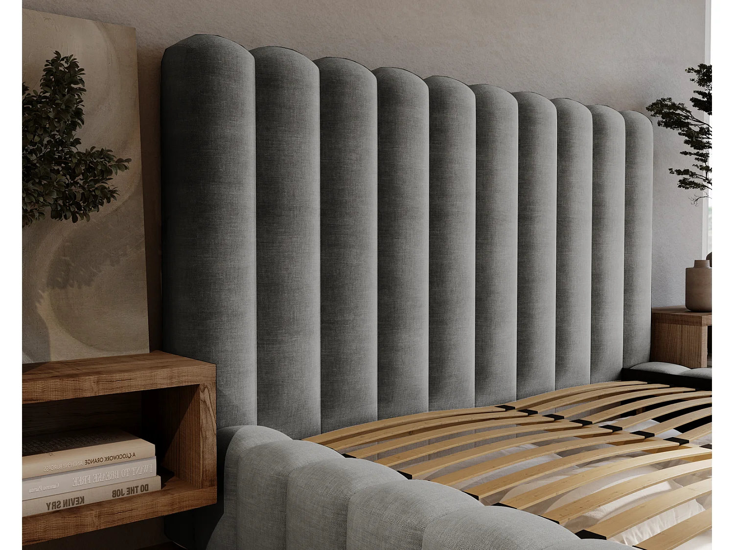 Emporius Lit double 180 x 200 Elise - Lit capitonné avec cadre, Rangement, Gris (Ikoo 20)