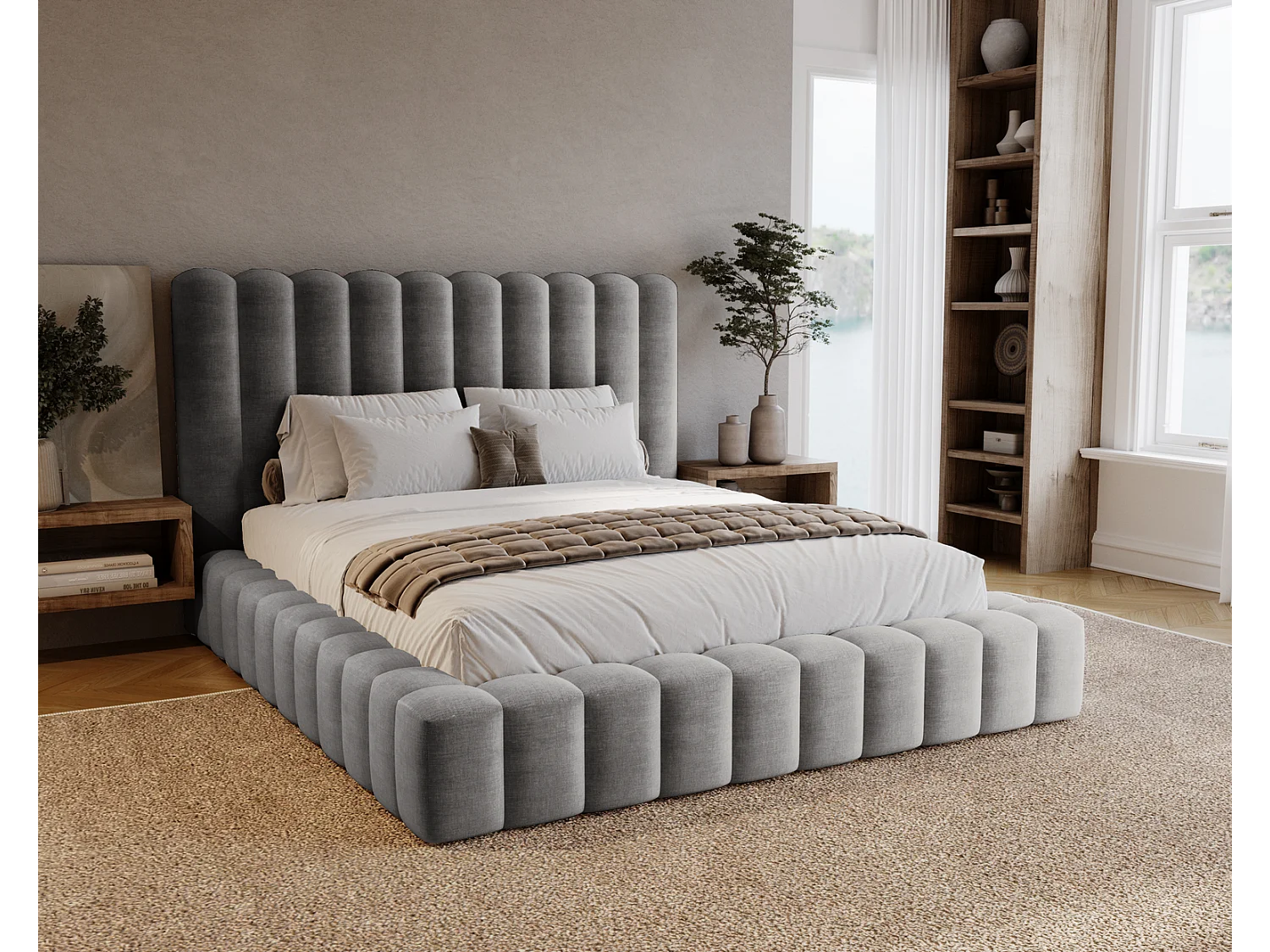 Emporius Lit double 180 x 200 Elise - Lit capitonné avec cadre, Rangement, Gris (Ikoo 20)