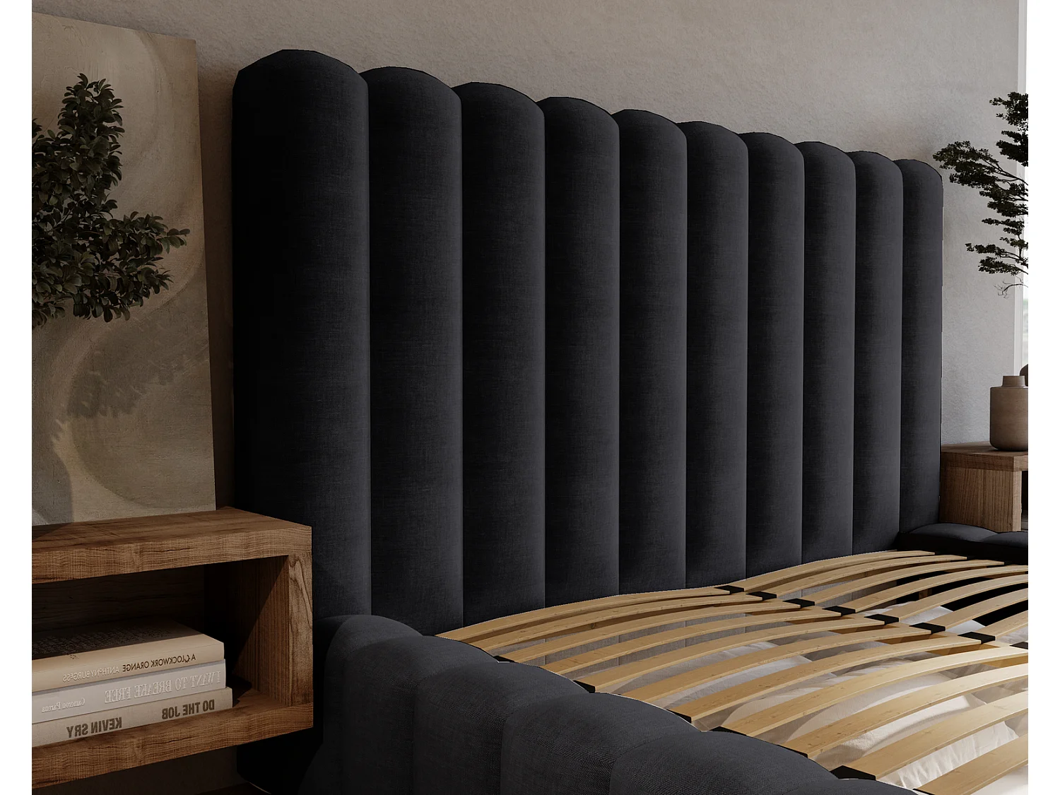 Emporius Lit double 140 x 200 Elise - Lit capitonné avec cadre, Rangement, Noir (Ikoo 22)