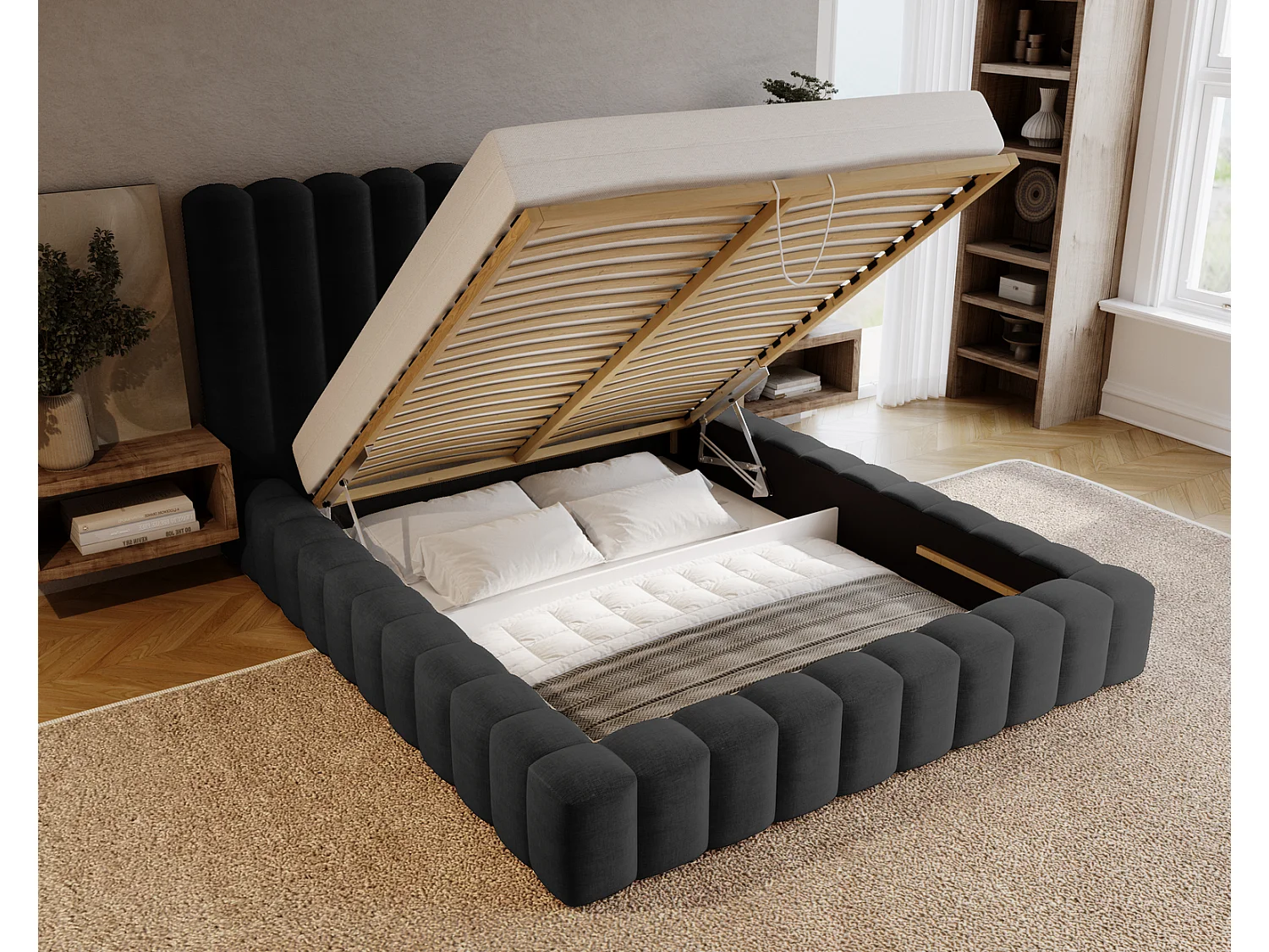 Emporius Gestoffeerd bed 140x200 cm Elise - bed 140 x 200 met opbergruimte, fluwelen Zwart (Ikoo 22)