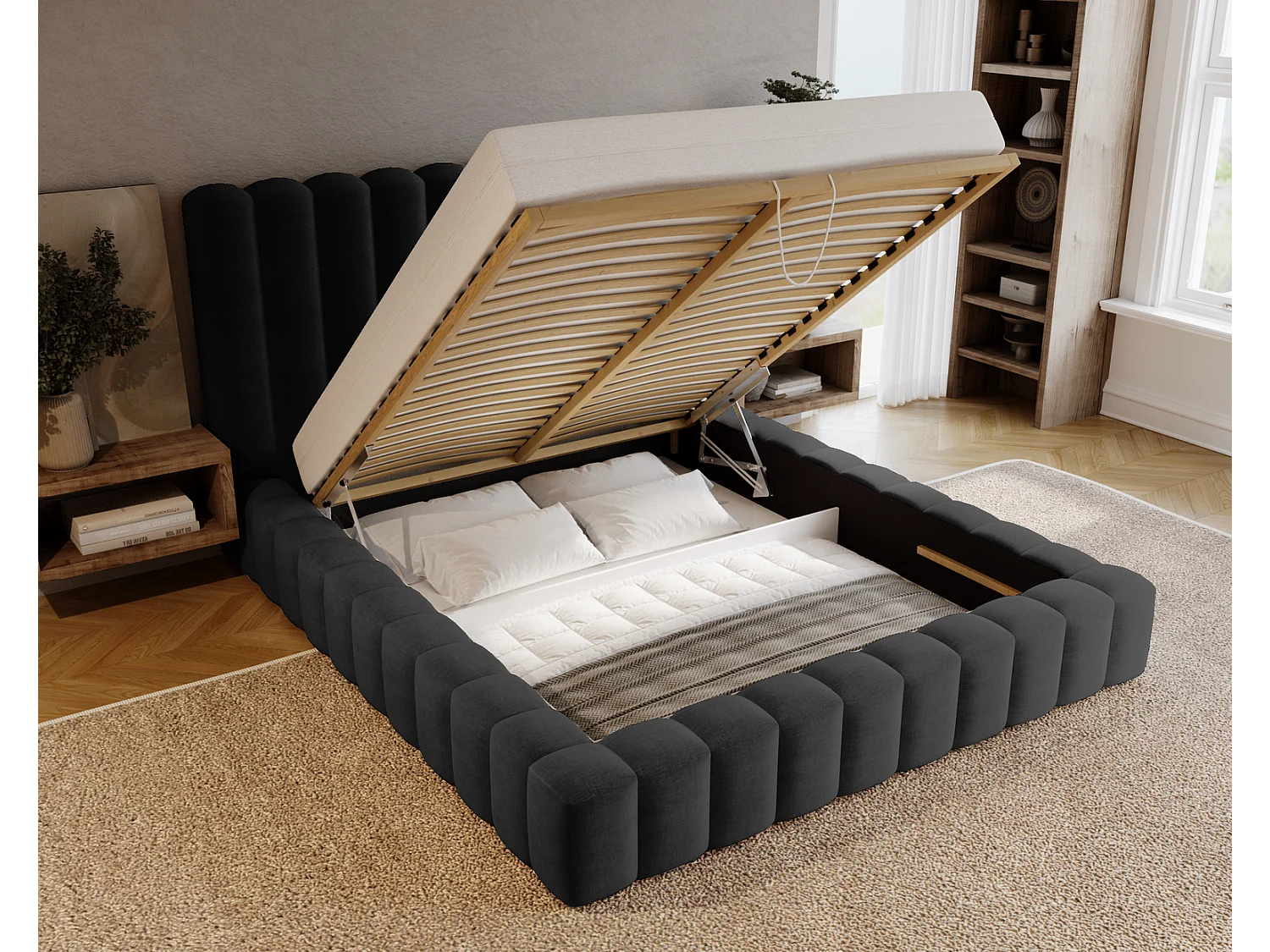 Emporius Gestoffeerd bed 140x200 cm Elise - bed 140 x 200 met opbergruimte, fluwelen Zwart (Ikoo 22)
