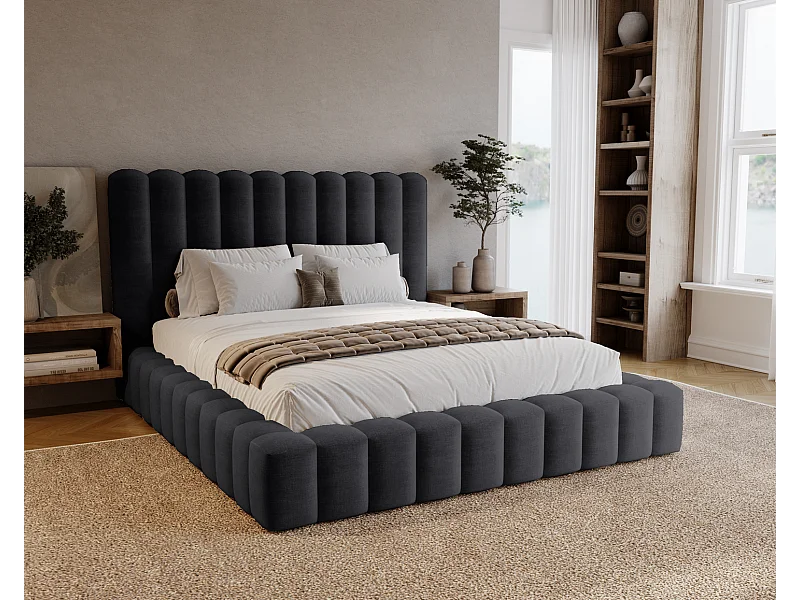 Emporius Lit double 140 x 200 Elise - Lit capitonné avec cadre, Rangement, Noir (Ikoo 22)