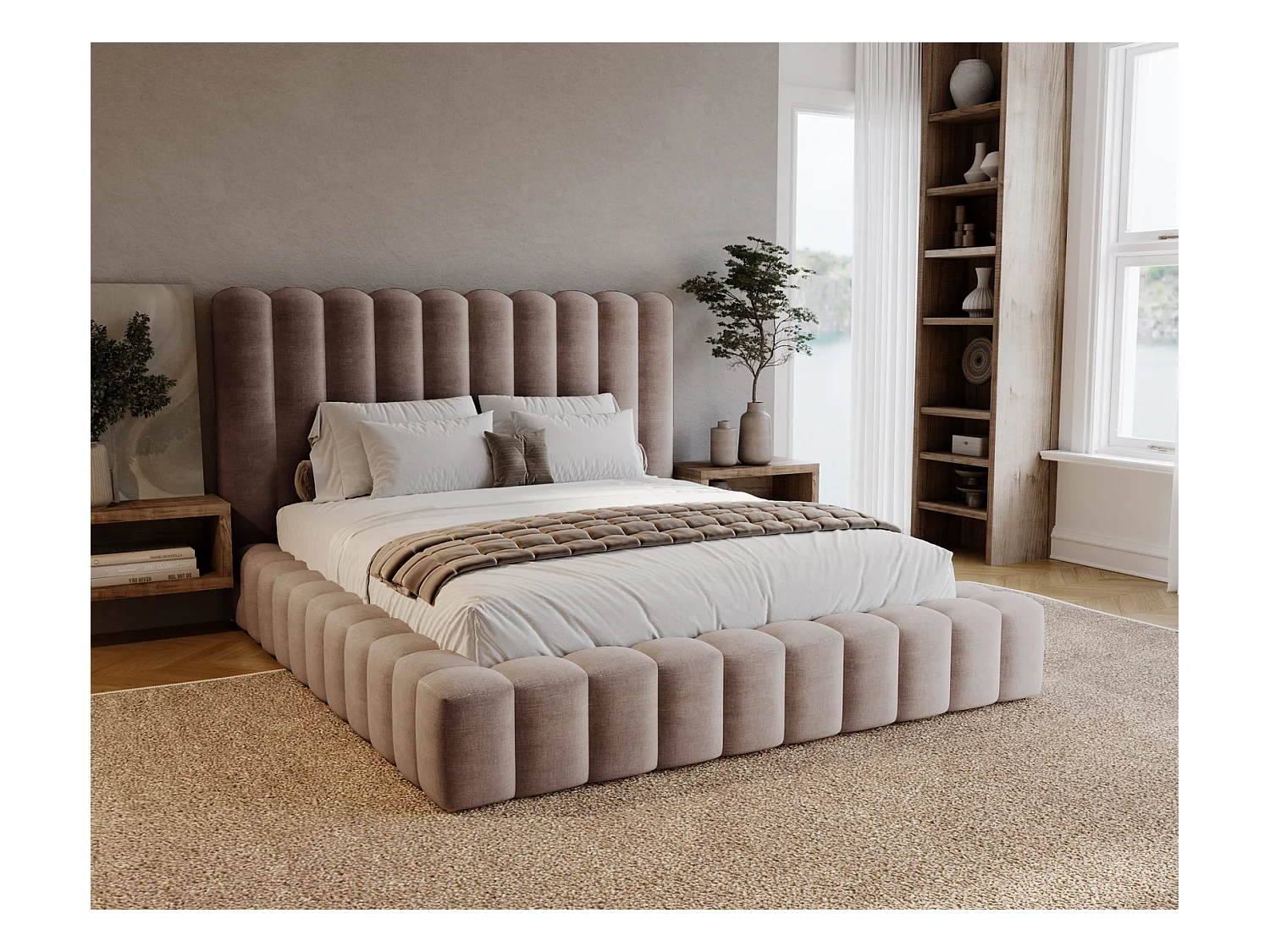 Emporius Lit double 160 x 200 Elise - Lit capitonné avec cadre, Rangement, Brun (Ikoo 3)