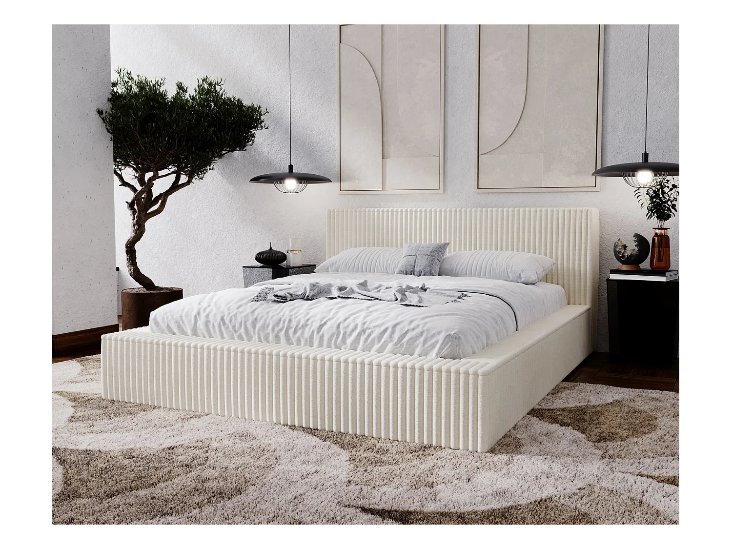 Emporius Lit avec cadre 160 x 200 Buffy - Lit capitonné avec Rangement, Tissu de fourrure, Beige (Vito 23)