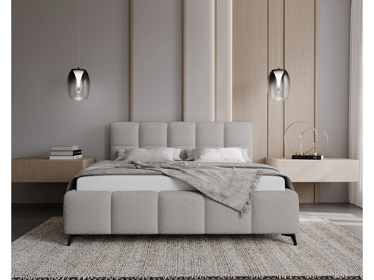 Emporius Polsterbett 200 x 200 cm mit Lattenrost Kastilo -  Bettkasten, Doppelbett, Bouclé Hellgrau (Anthology 15)