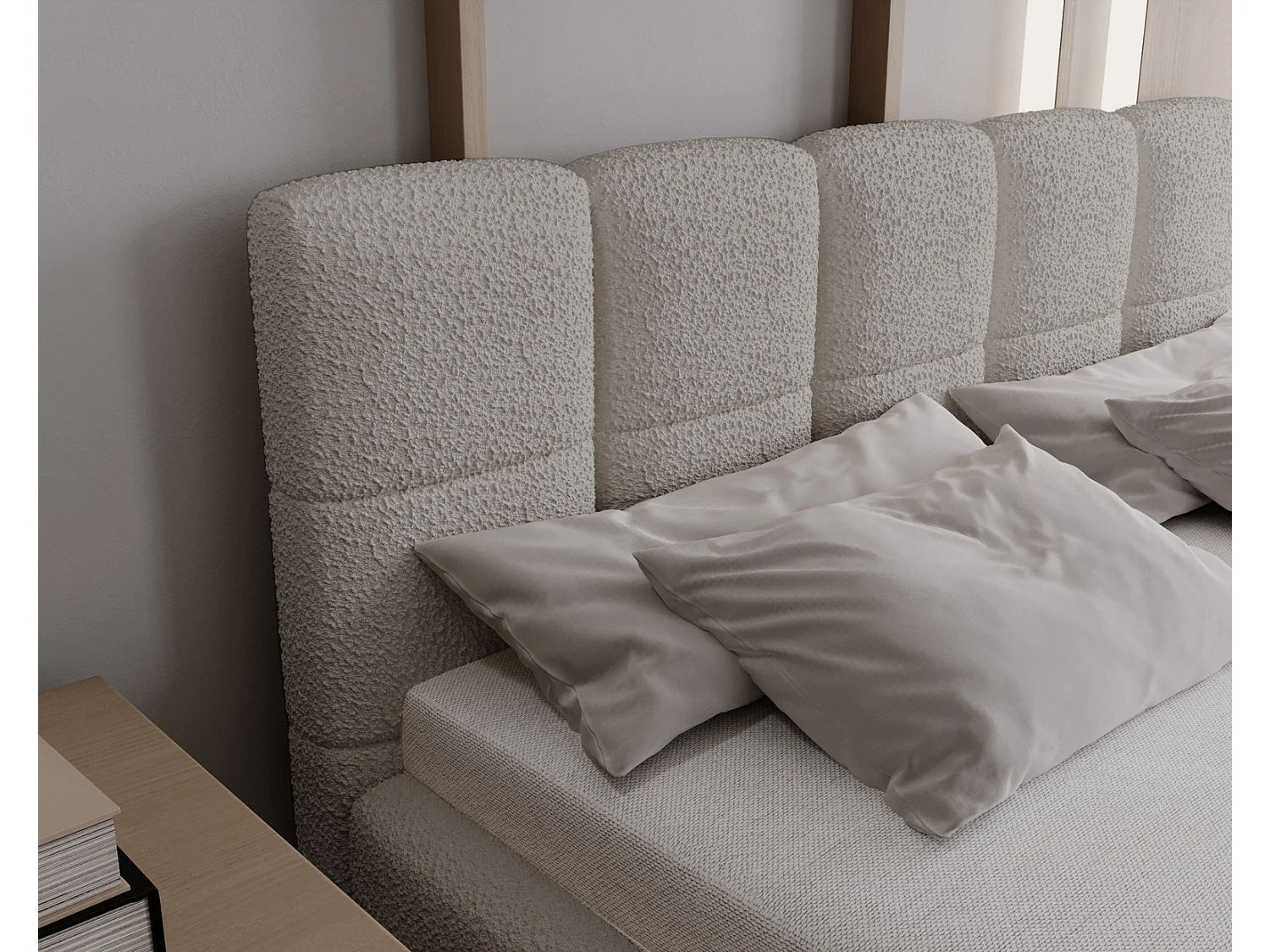 Emporius Lit double 200x200 Kastilo - Lit avec pieds, Sommier à Lattes,Tête de Lit, rangement - lit 200 x 200 Bouclé Gris clair (Anthology 15)