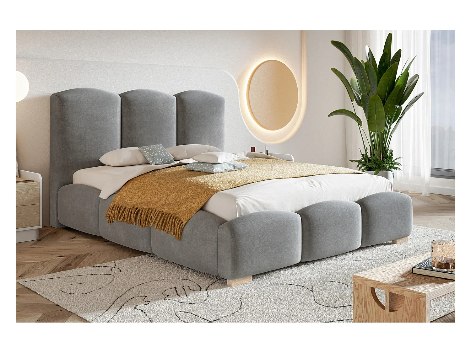 Emporius Gestoffeerd bed met opbergruimte 160x200 Roma - tweepersoonsbed 160 x 200, fluwelen Lichtgrijs (Jasmine 90)