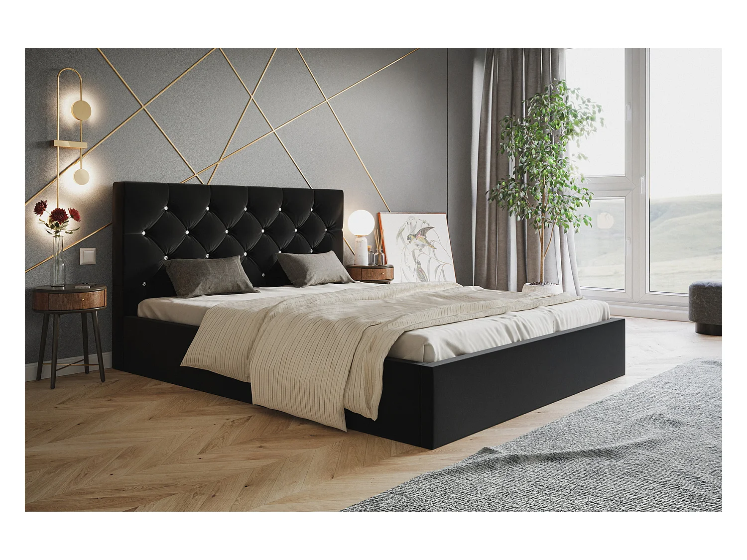 Emporius Lit double 140 x 200 Molly - Lit avec Rangment, Lit adulte Noir (Amor Velvet 4322)
