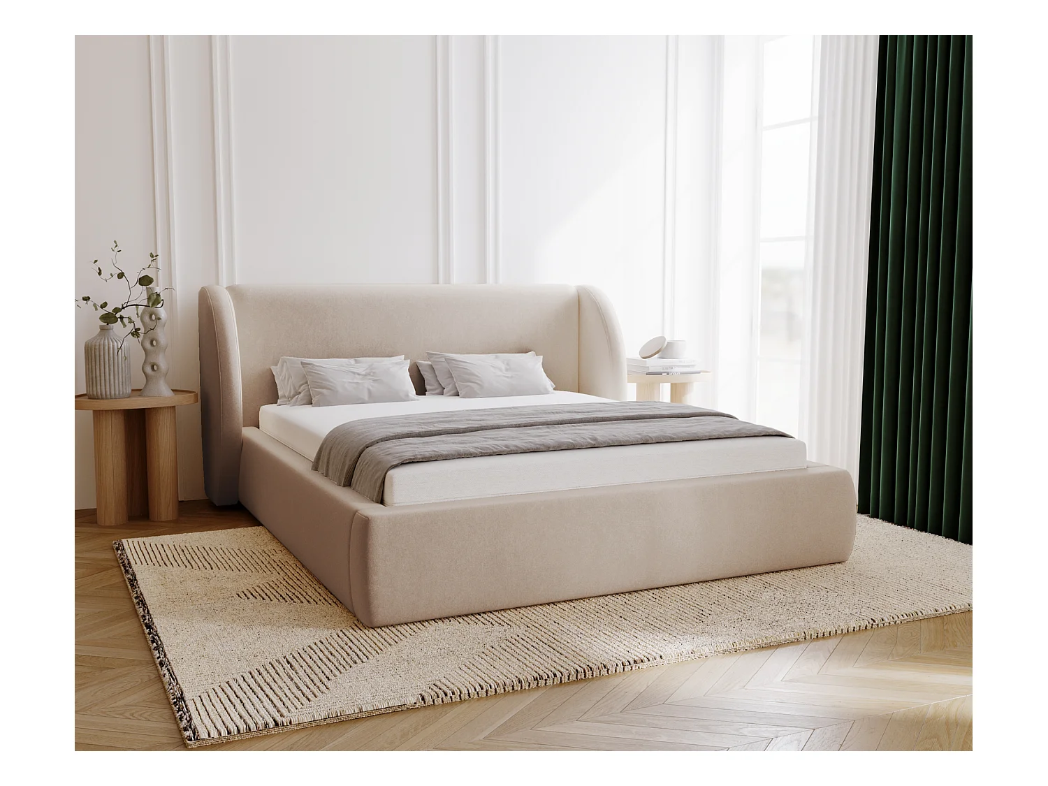 Emporius Lit double 160x200 Barcelona, Lit capitonné avec tête de lit arrondie, lit 160 x 200 Beige (Komodo 11)