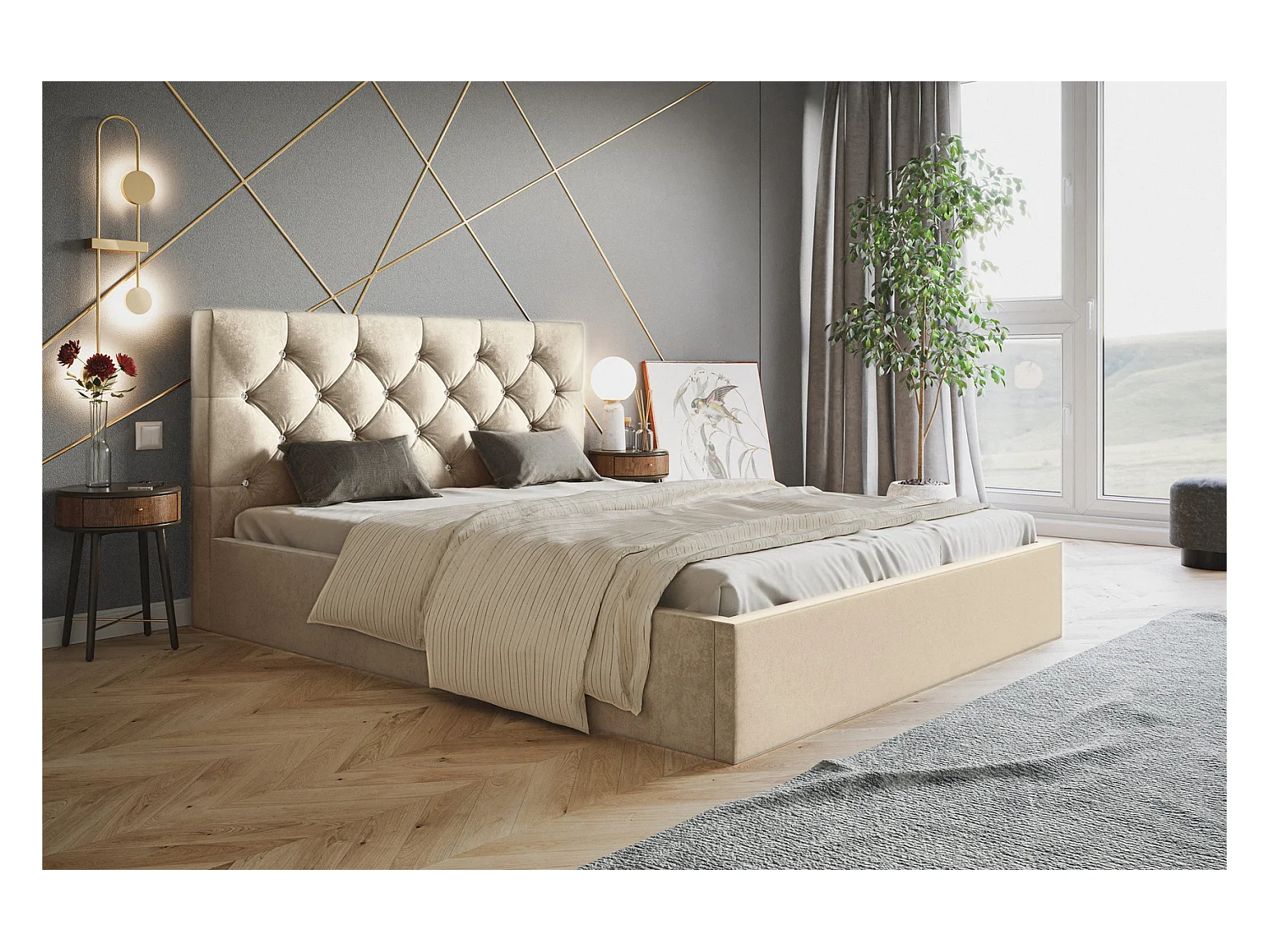 Emporius Gestoffeerd bed 140x200 Molly - opbergruimte en bedlade - bed 140x200 Beige (Amor Velvet 4304)