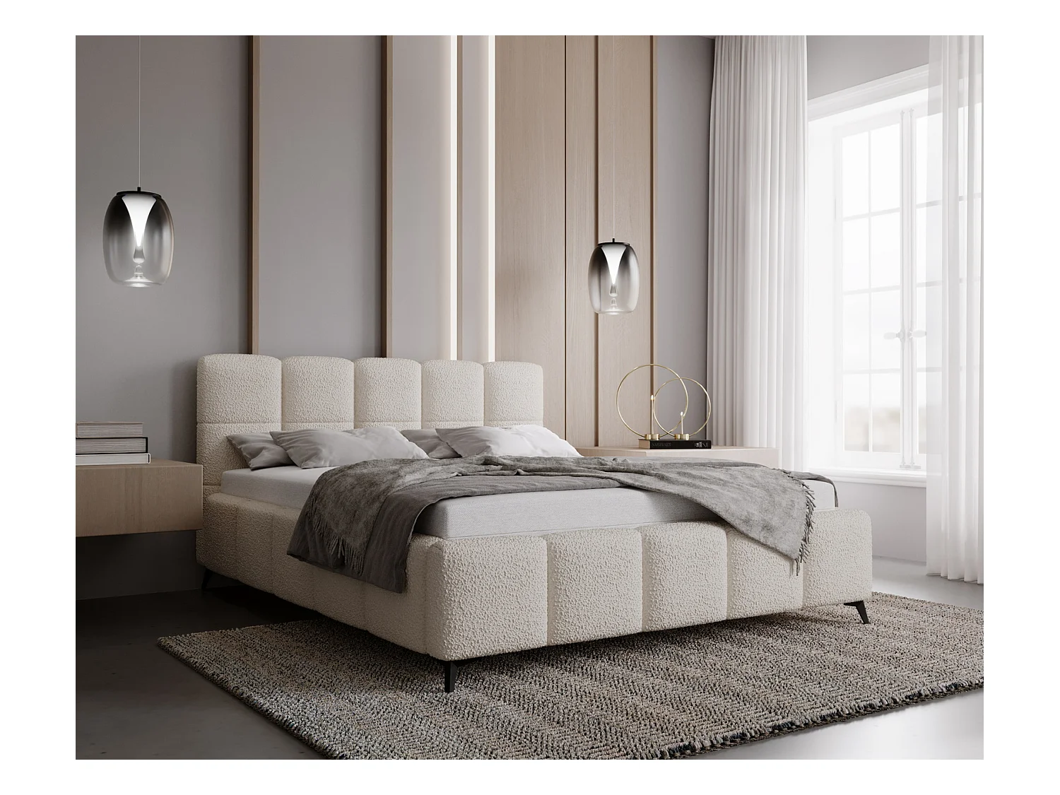 Emporius Gestoffeerd bed 140x200 met lattenbodem Kastilo - luxe bed, tweepersoonsbed Bouclé Crème (Anthology 1)