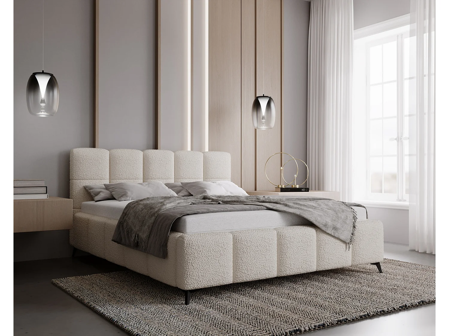 Emporius Gestoffeerd bed 140x200 met lattenbodem Kastilo - luxe bed, tweepersoonsbed Bouclé Crème (Anthology 1)