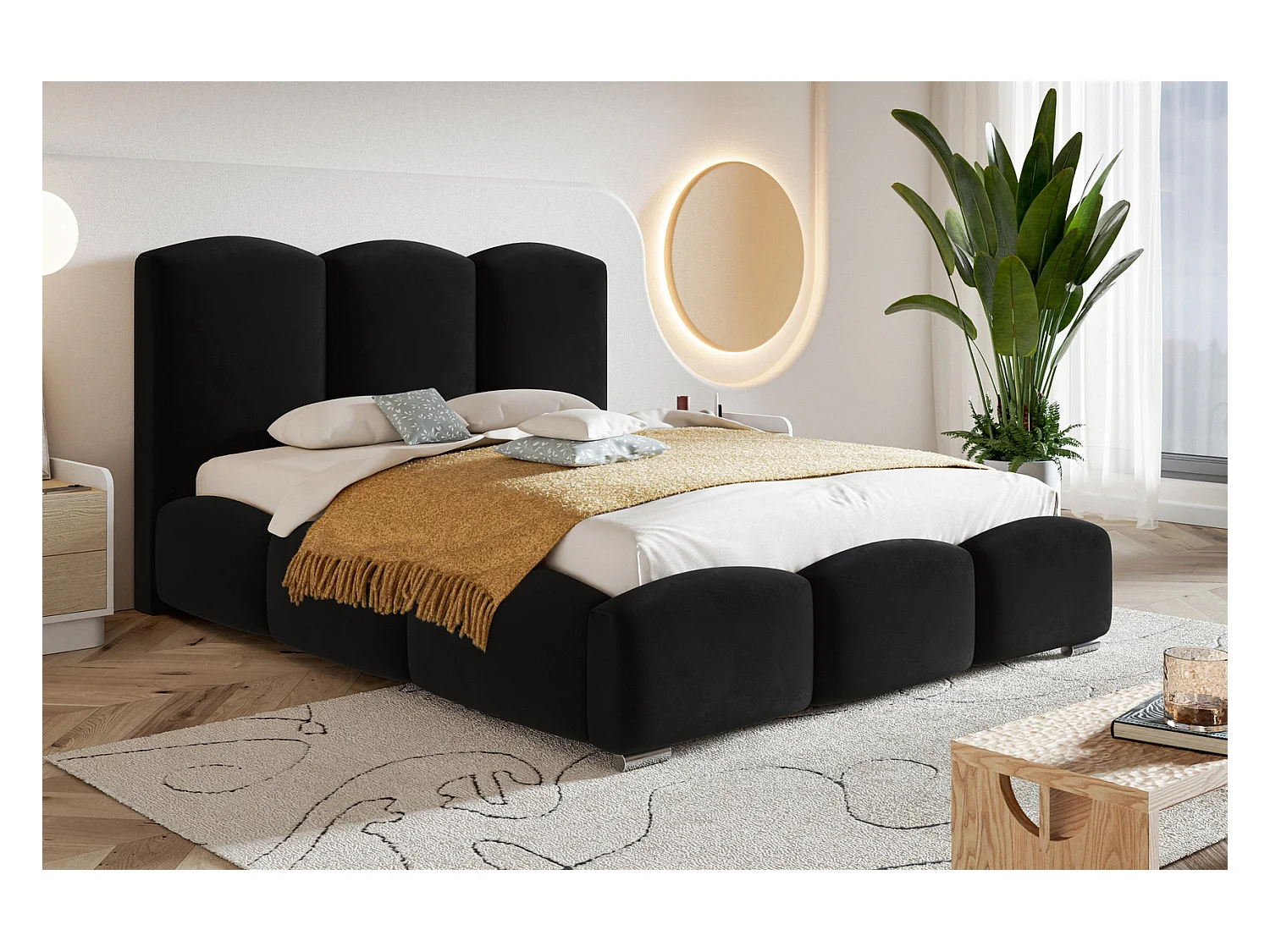 Emporius Gestoffeerd bed met opbergruimte 160x200 Roma - tweepersoonsbed 160 x 200, fluwelen Zwart (Amor Velvet 4322)