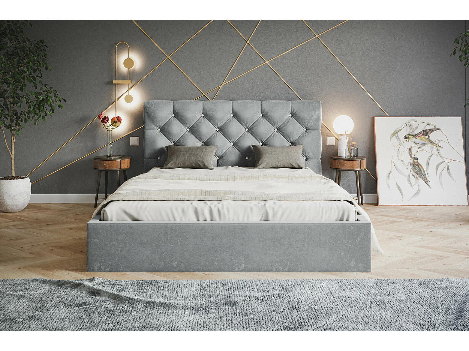 Emporius Gestoffeerd bed 160x200 Molly - opbergruimte en bedlade - bed 160x200 Grijs (Amor Velvet 4318)