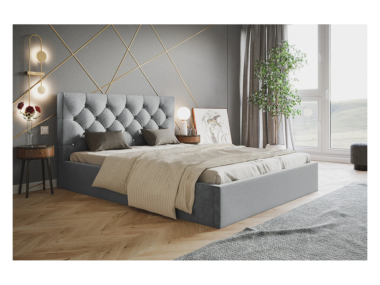 Emporius Lit double 160 x 200 Molly - Lit avec Rangment, Lit adulte Gris (Amor Velvet 4318)