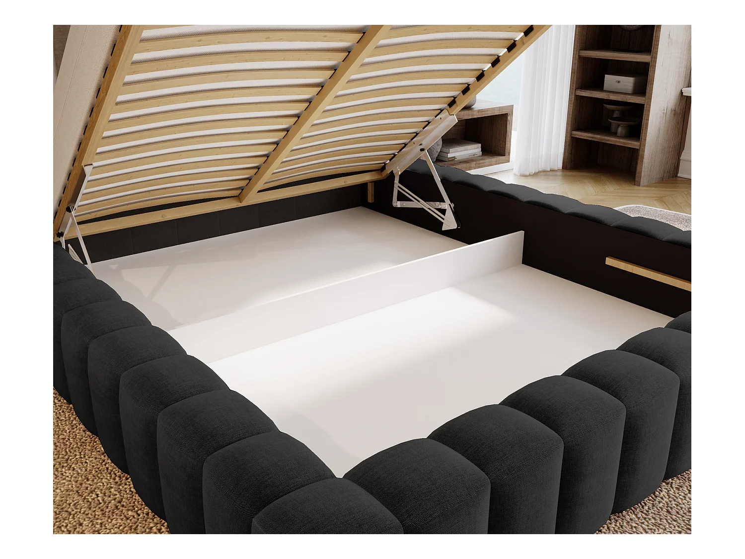 Emporius Lit double 160 x 200 Elise - Lit capitonné avec cadre, Rangement, Noir (Ikoo 22)