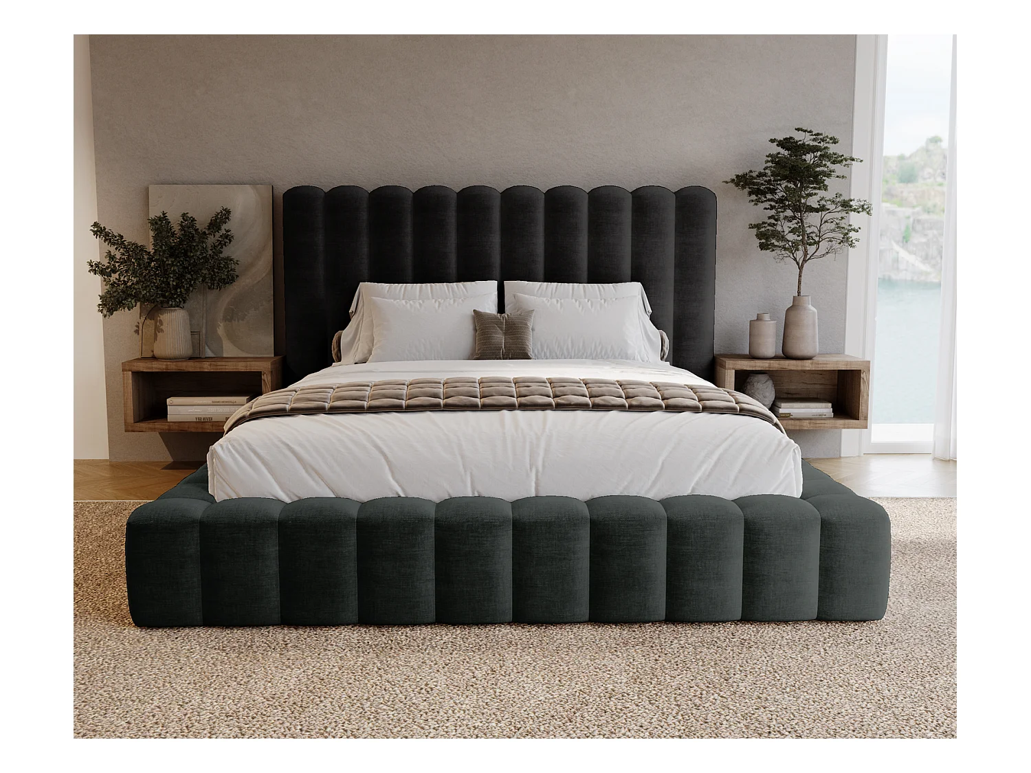 Emporius Lit double 160 x 200 Elise - Lit capitonné avec cadre, Rangement, Noir (Ikoo 22)