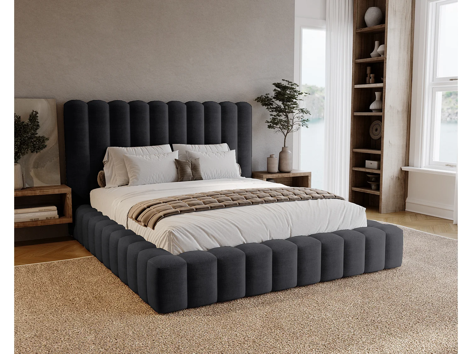 Emporius Lit double 160 x 200 Elise - Lit capitonné avec cadre, Rangement, Noir (Ikoo 22)