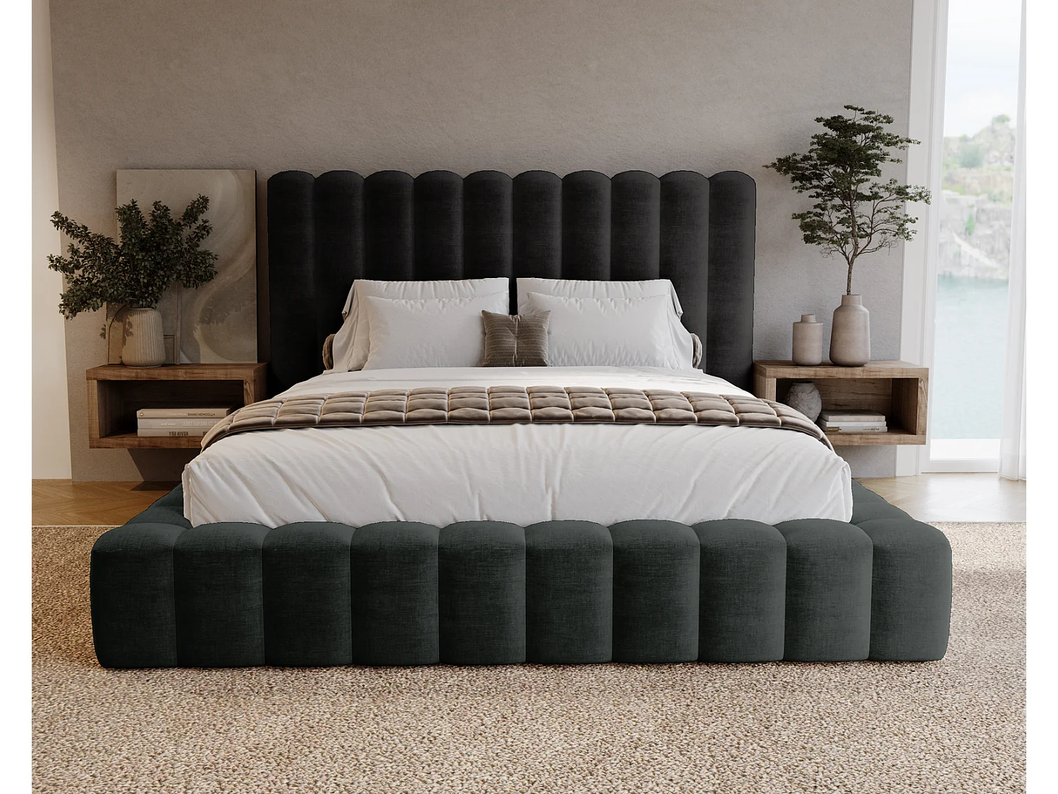 Emporius Lit double 160 x 200 Elise - Lit capitonné avec cadre, Rangement, Noir (Ikoo 22)