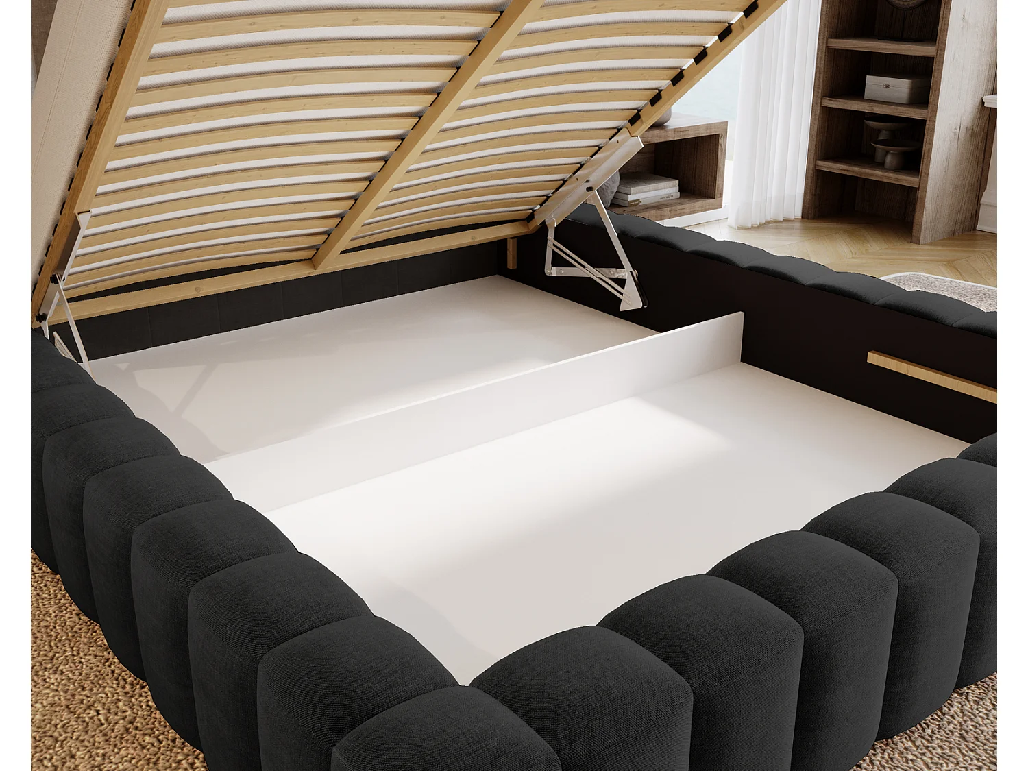 Emporius Lit double 160 x 200 Elise - Lit capitonné avec cadre, Rangement, Noir (Ikoo 22)