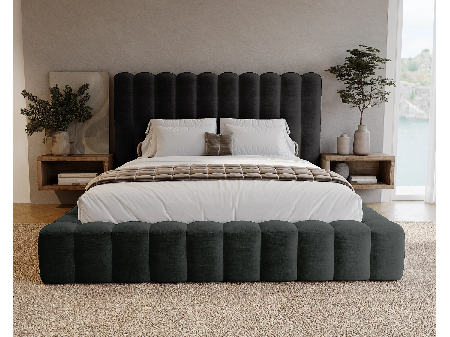 Emporius Elise łóżko z grubą pianką 160x200 - nowoczesne łóżko z pojemnikiem i stelażem, tkanina aksamitna, czarny (Ikoo 22)