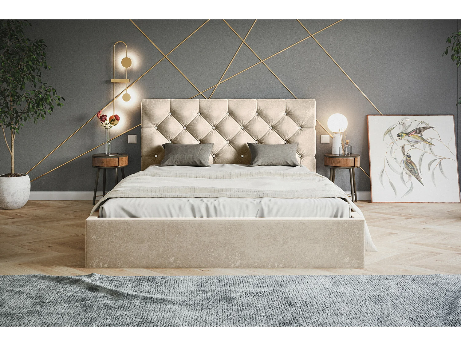 Emporius Lit double 180 x 200 Molly - Lit avec Rangment, Lit adulte Beige (Amor Velvet 4304)