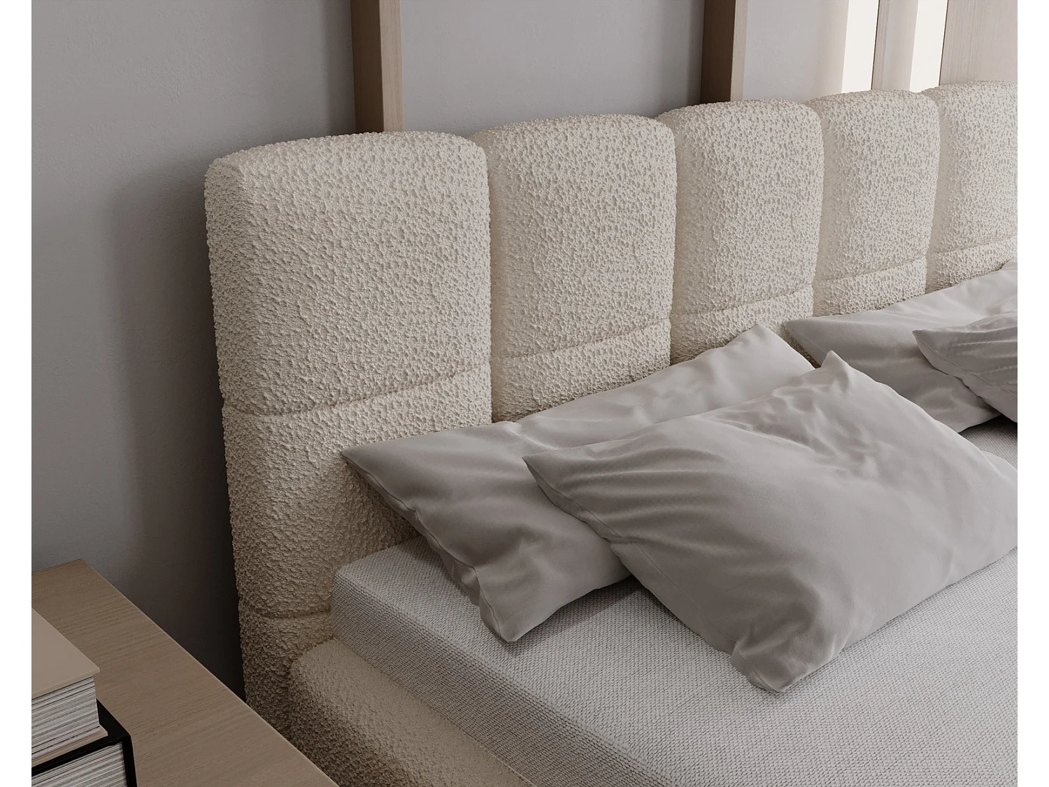 Emporius Lit double 180x200 Kastilo - Lit avec pieds, Sommier à Lattes,Tête de Lit, rangement - lit 180 x 200 Bouclé Crème (Anthology 1)