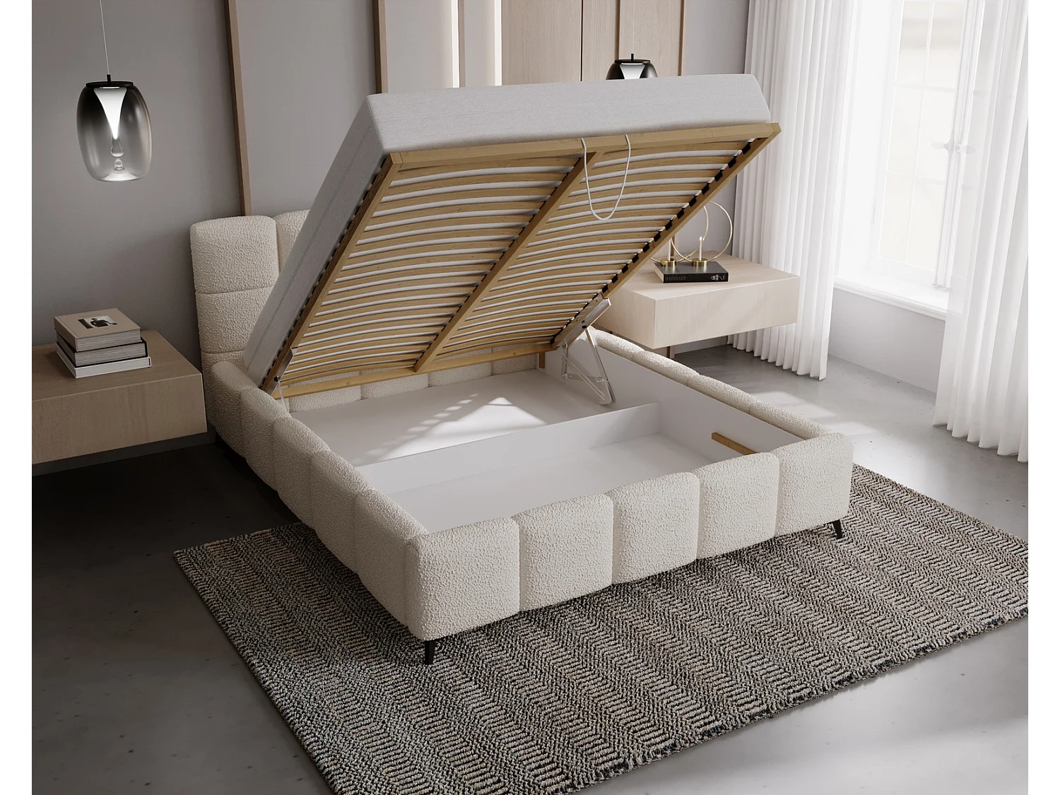 Emporius Lit double 180x200 Kastilo - Lit avec pieds, Sommier à Lattes,Tête de Lit, rangement - lit 180 x 200 Bouclé Crème (Anthology 1)