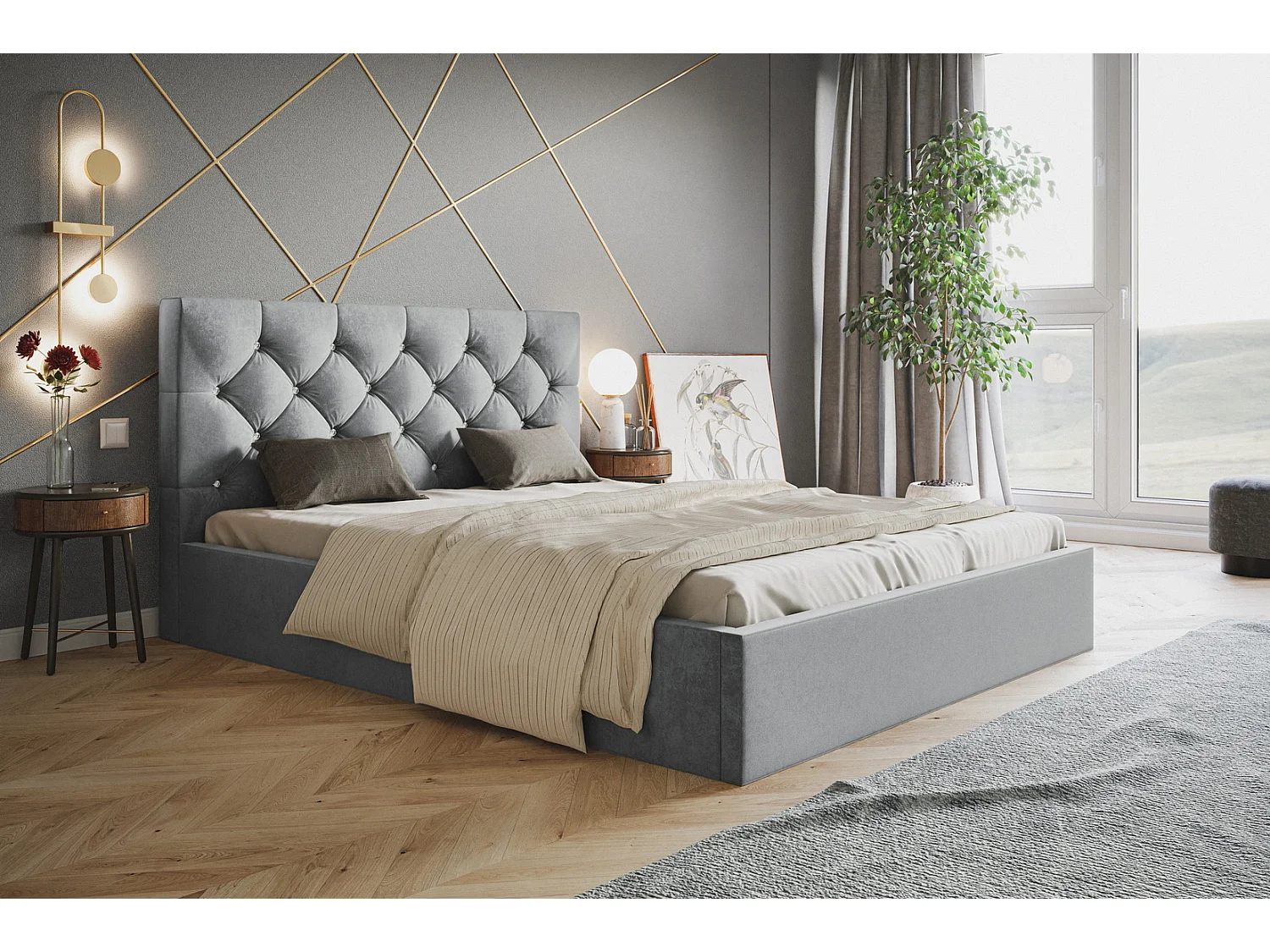 Emporius Lit double 180 x 200 Molly - Lit avec Rangment, Lit adulte Gris (Amor Velvet 4318)
