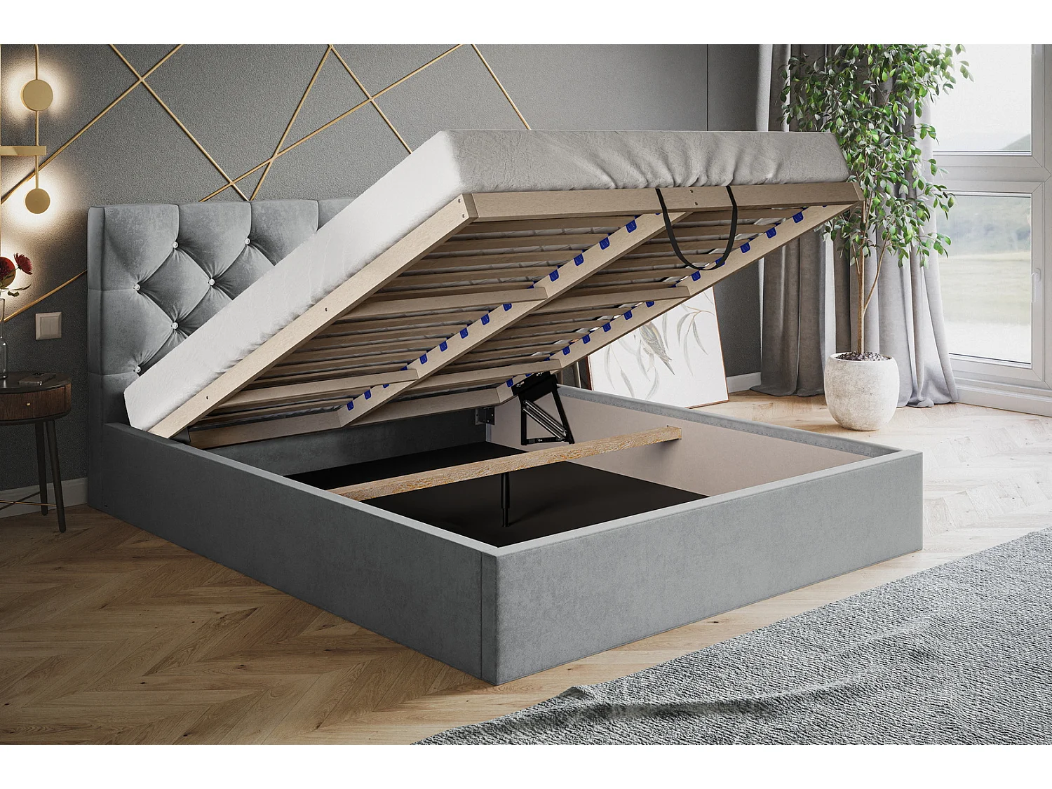 Emporius Lit double 180 x 200 Molly - Lit avec Rangment, Lit adulte Gris (Amor Velvet 4318)