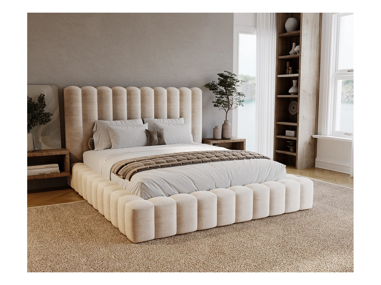 Emporius Lit double 160 x 200 Elise - Lit capitonné avec cadre, Rangement, Beige (Ikoo 1)