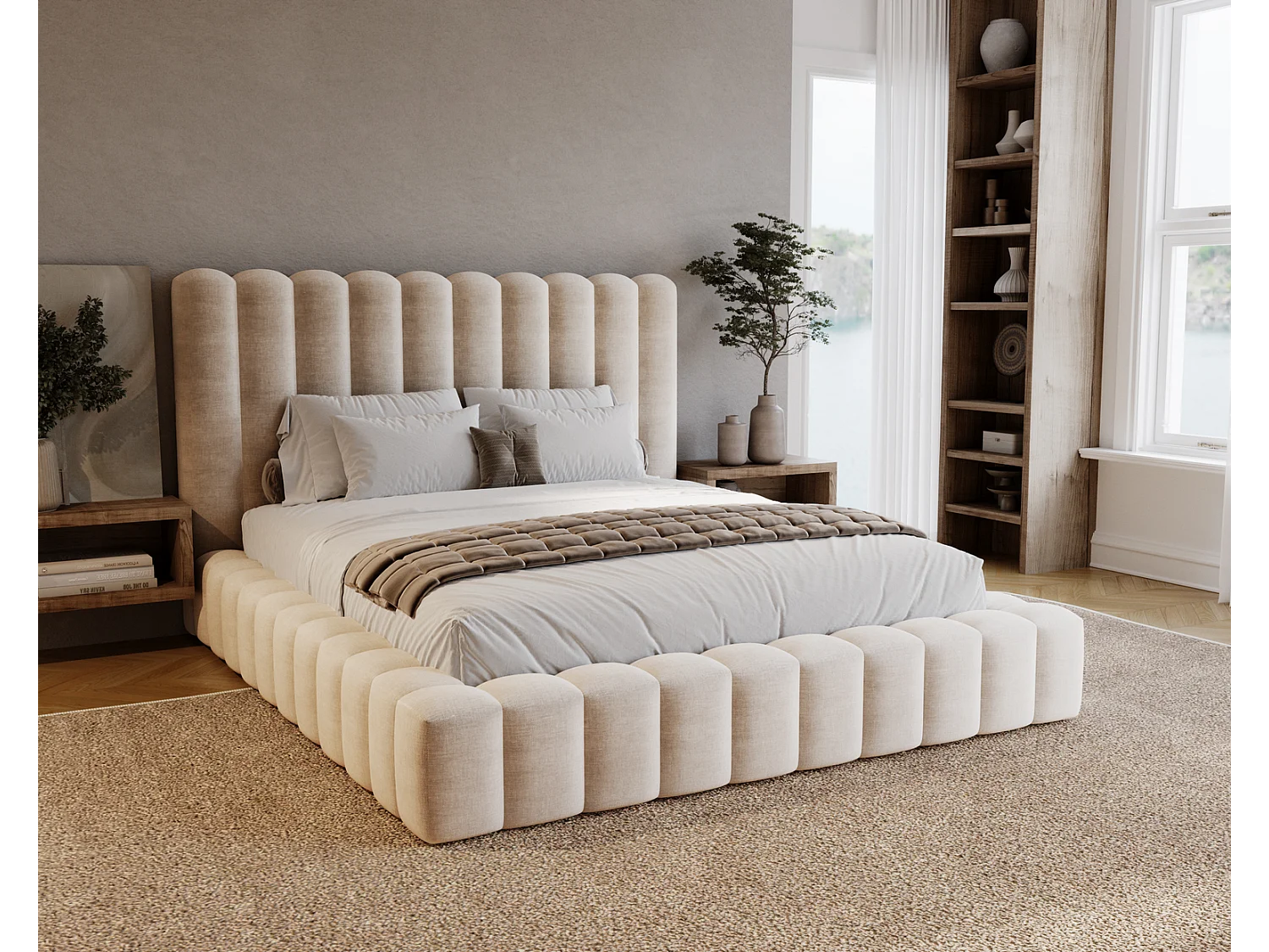Emporius Lit double 160 x 200 Elise - Lit capitonné avec cadre, Rangement, Beige (Ikoo 1)