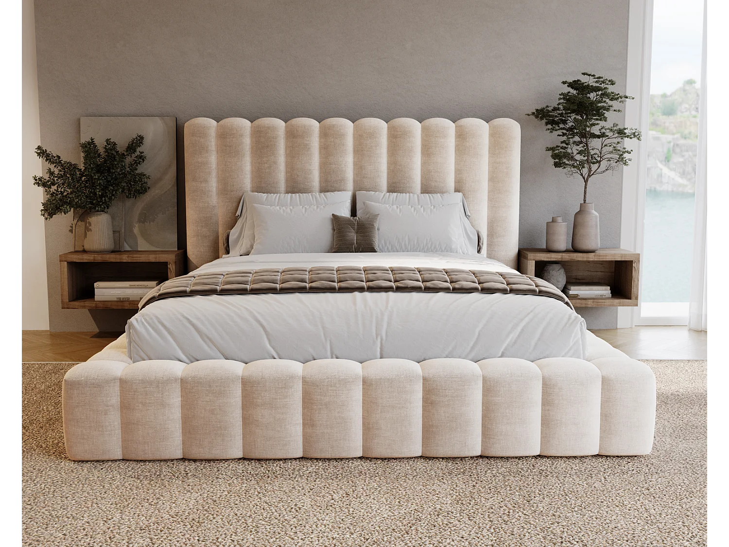 Emporius Lit double 160 x 200 Elise - Lit capitonné avec cadre, Rangement, Beige (Ikoo 1)