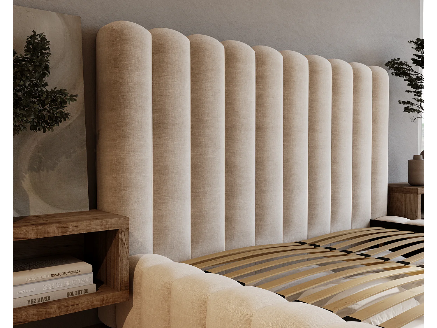 Emporius Lit double 160 x 200 Elise - Lit capitonné avec cadre, Rangement, Beige (Ikoo 1)