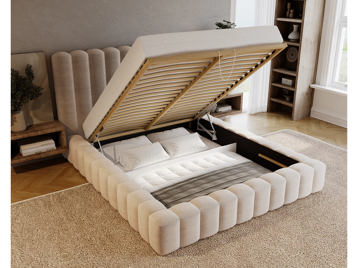 Emporius Lit double 160 x 200 Elise - Lit capitonné avec cadre, Rangement, Beige (Ikoo 1)