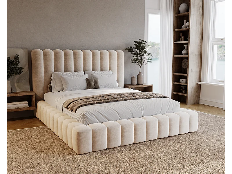 Emporius Lit double 160 x 200 Elise - Lit capitonné avec cadre, Rangement, Beige (Ikoo 1)
