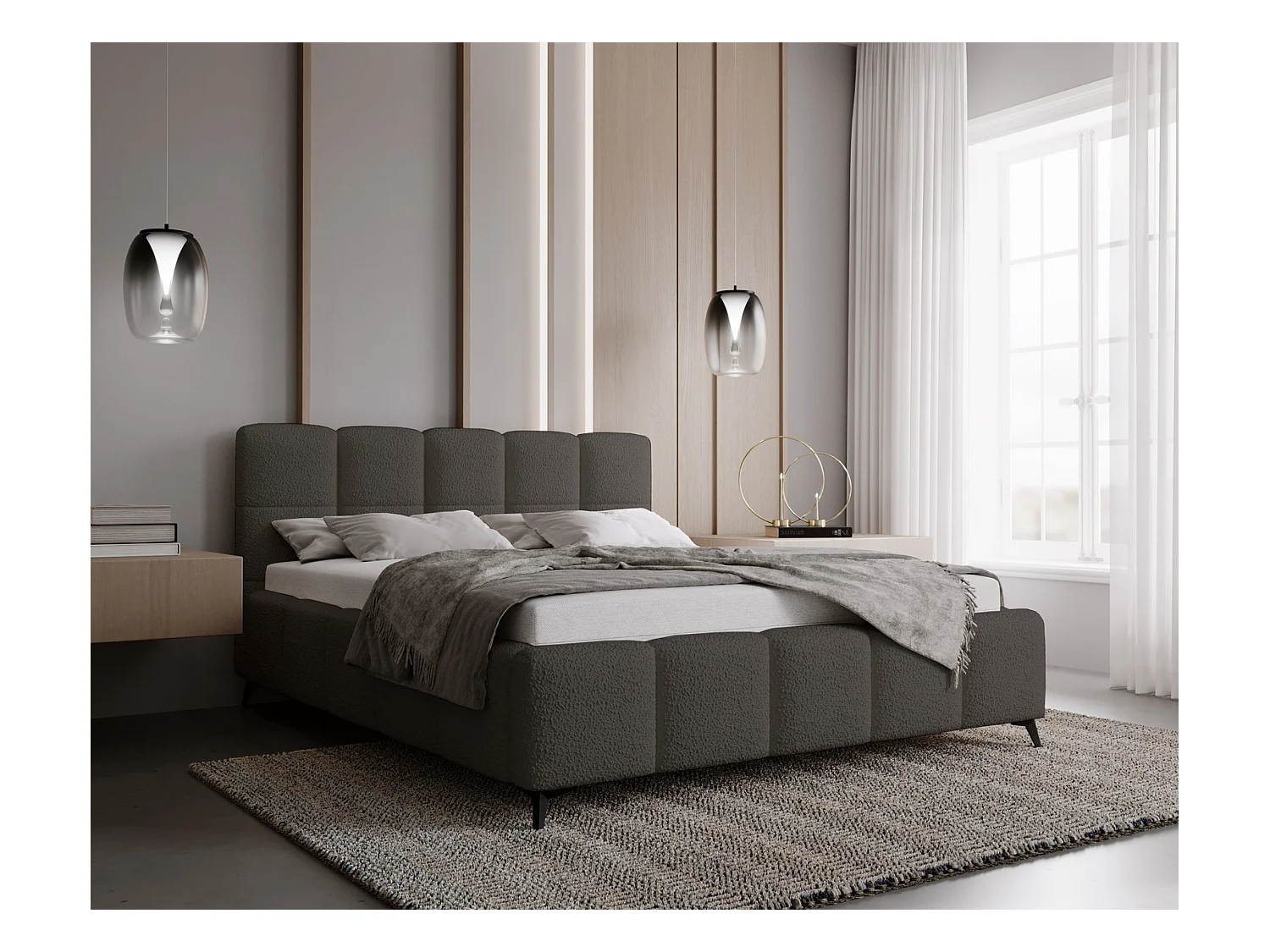 Emporius Gestoffeerd bed 140x200 met lattenbodem Kastilo - luxe bed, tweepersoonsbed Bouclé Donkergrijs (Anthology 18)
