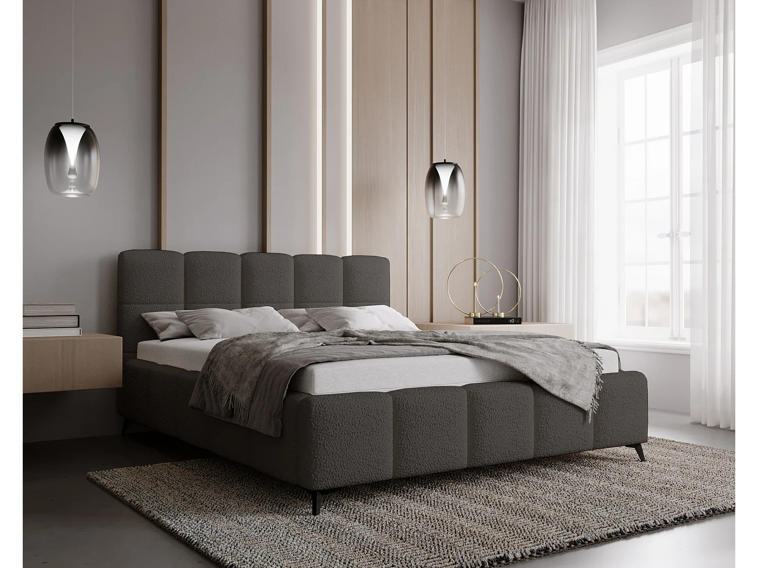 Emporius Gestoffeerd bed 140x200 met lattenbodem Kastilo - luxe bed, tweepersoonsbed Bouclé Donkergrijs (Anthology 18)