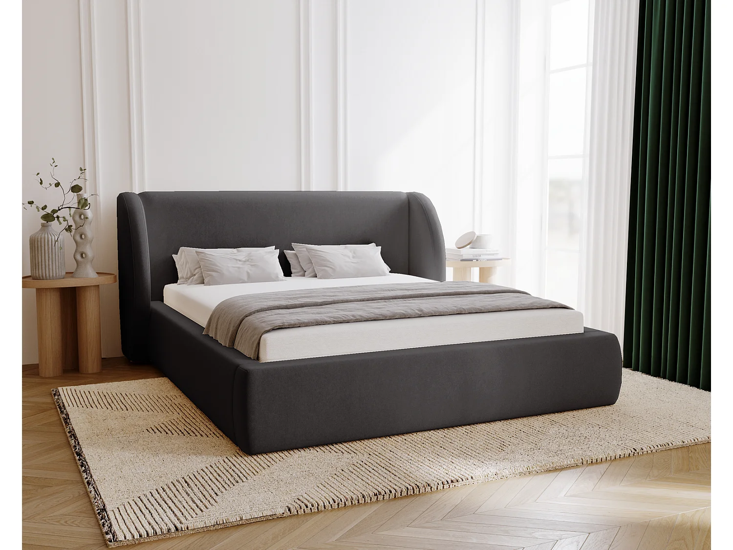 Emporius Gestoffeerd bed 180x200 cm Barcelona - opbergruimte, groot hoofdeinde, fluwelen Zwart (Komodo 23)