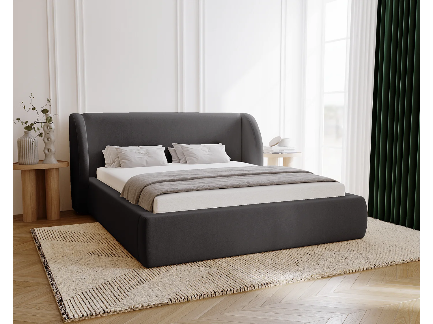 Emporius Gestoffeerd bed 180x200 cm Barcelona - opbergruimte, groot hoofdeinde, fluwelen Zwart (Komodo 23)