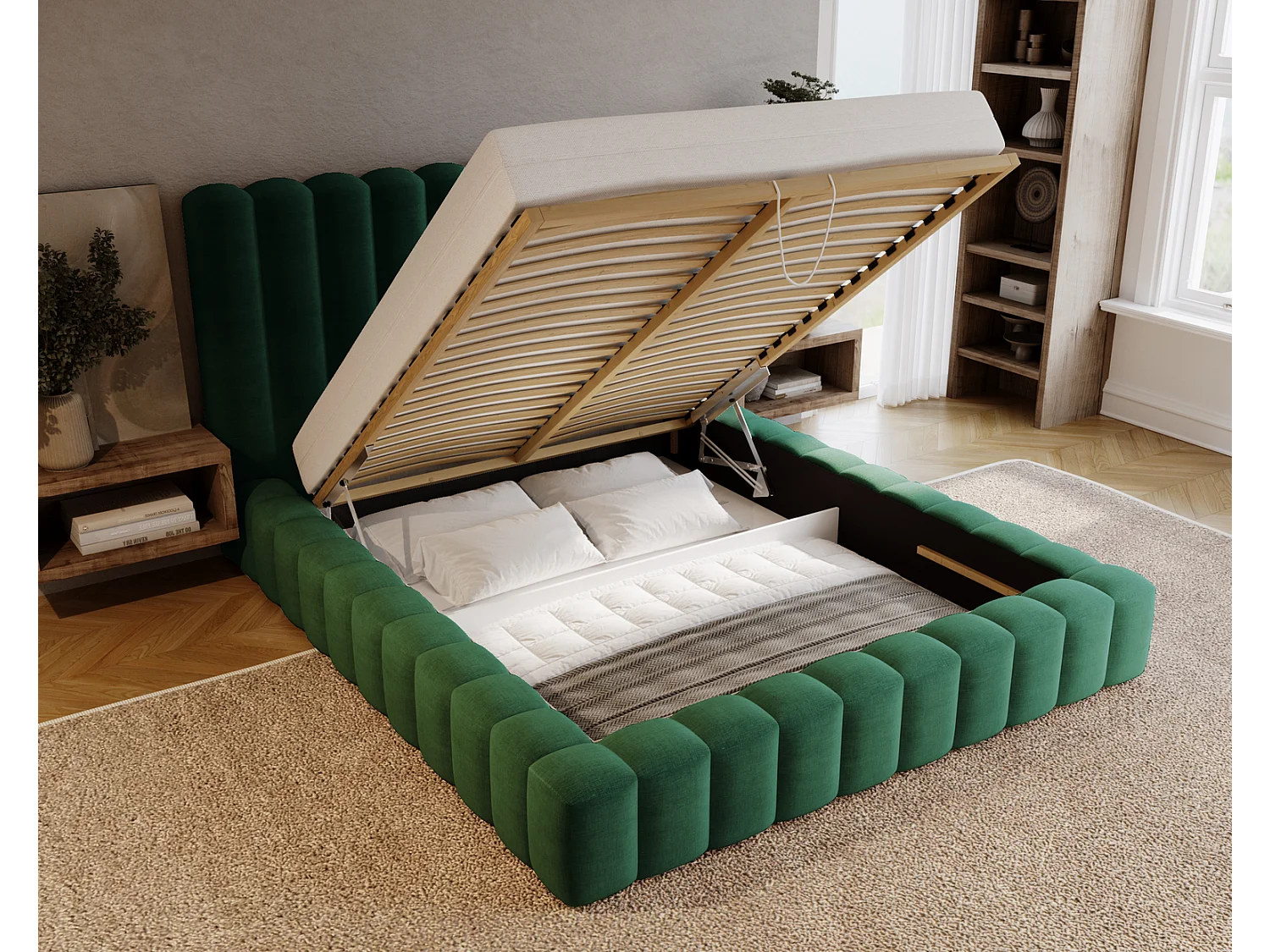 Emporius Gestoffeerd bed 140x200 cm Elise - bed 140 x 200 met opbergruimte, fluwelen Groen (Ikoo 13)